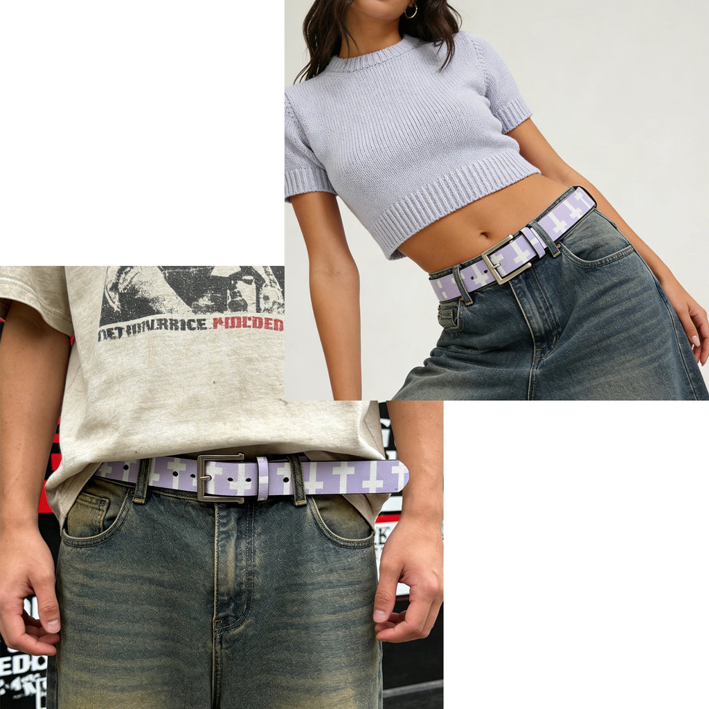 Scene Purple Geometric Cross Pattern PU Belt with Metal Buckle