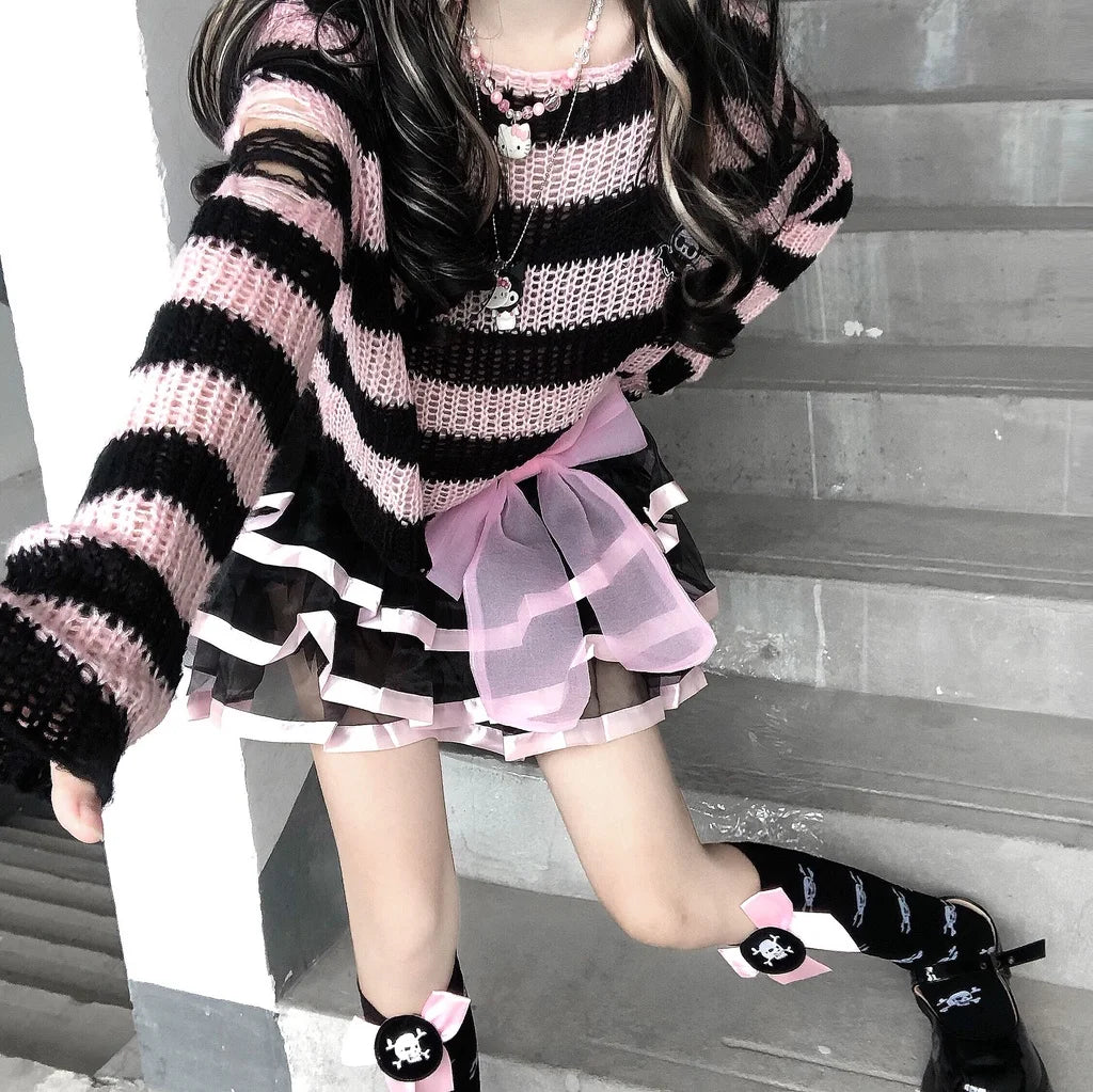 Scene Striped Distressed Knit Pullover Sweater