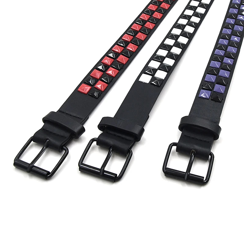 Scene Pyramid Stud PU Belt with Square Rivets – Black with Red, White or Purple Accents