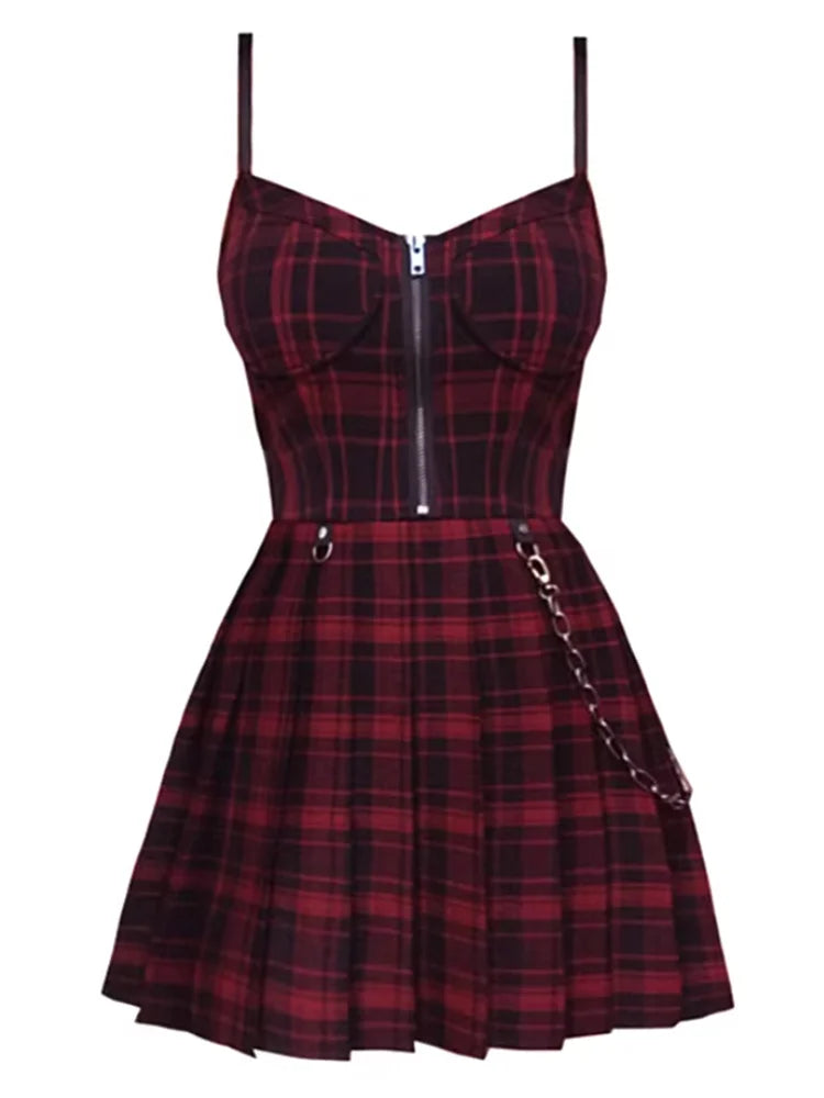 Scene Plaid Pleated Mini Dress with Front Zipper and Chain Detail