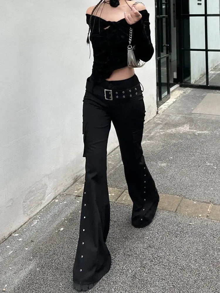 Scene Black Low-Waisted Flared Pants with Rivet Details