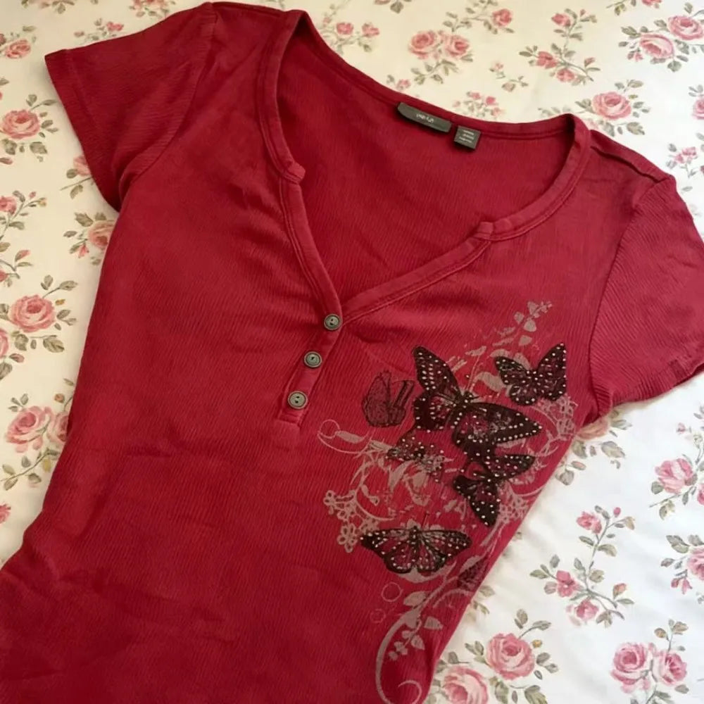 Scene Women's Red Butterfly Print Short-Sleeve T-Shirt