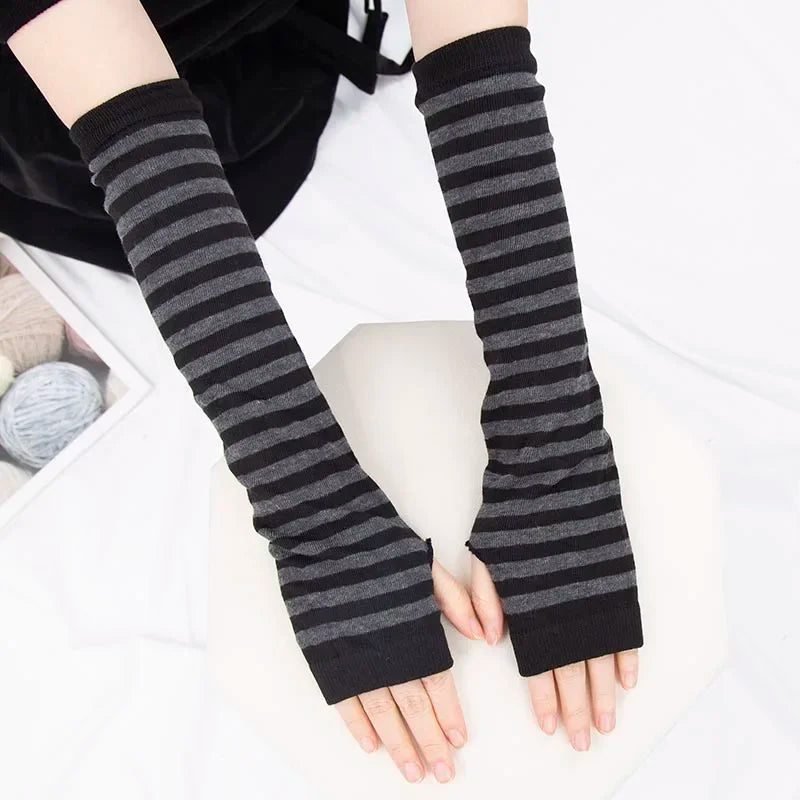 Scene Striped Knit Fingerless Arm Warmers – 32 cm