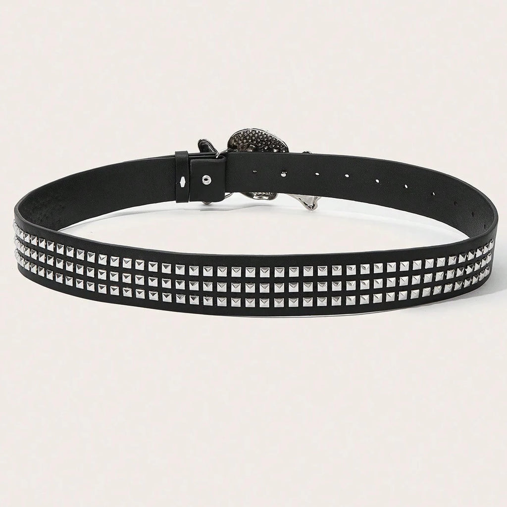 Scene Black Studded Rhinestone Skull Buckle Belt, 105cm