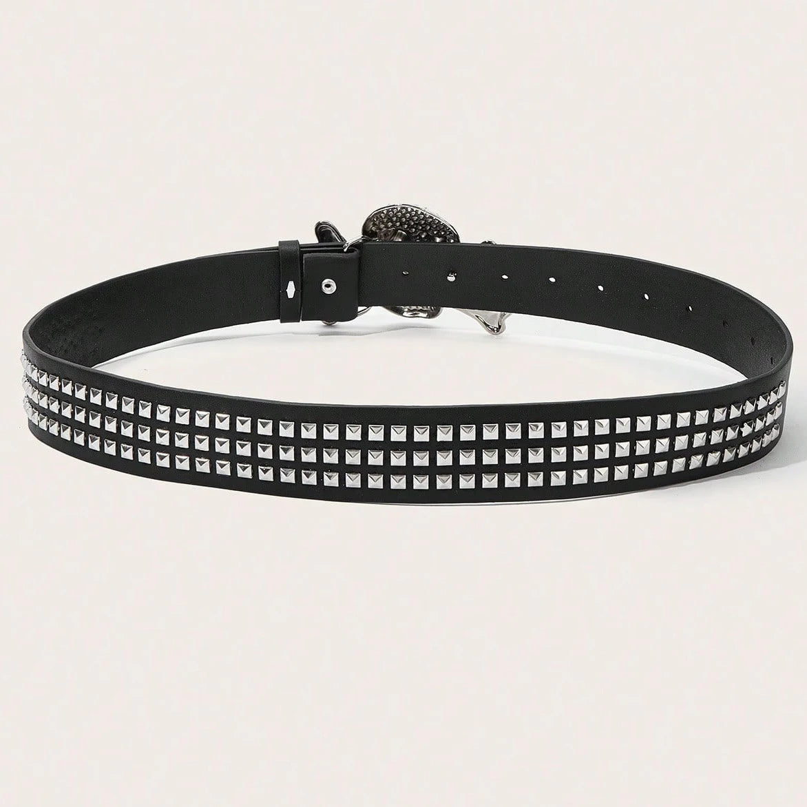 Scene Black Studded Rhinestone Skull Buckle Belt, 105cm