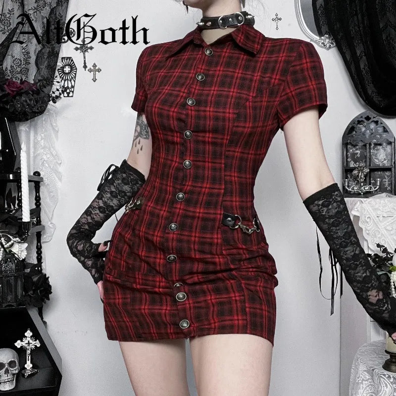 Scene Women's Red Plaid Gothic Mini Dress with Chain Details