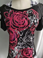 Scene Women's Black Floral Rose Print Cutout-Shoulder Top