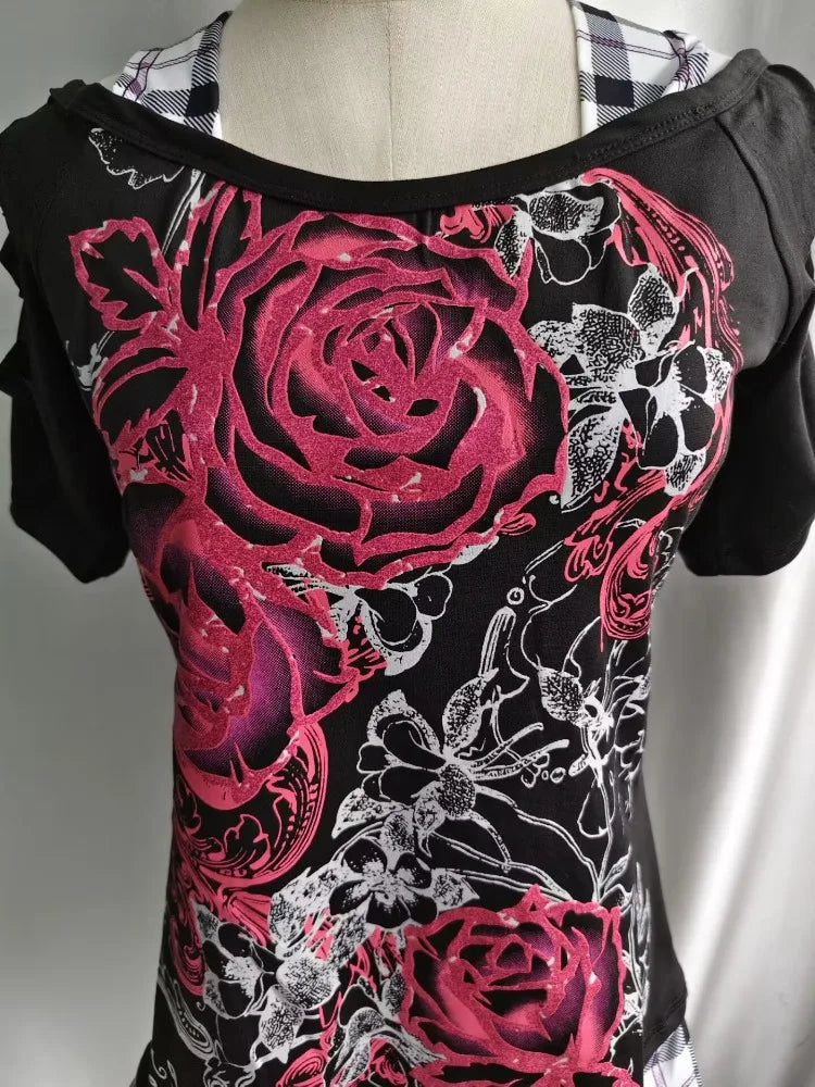 Scene Women's Black Floral Rose Print Cutout-Shoulder Top