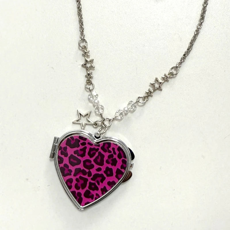 Scene Y2K Heart Mirror Pendant Necklace with Leopard and Zebra Print