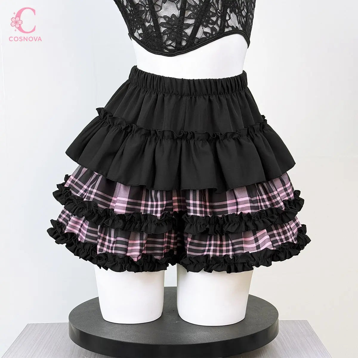 Scene Black and Pink Plaid Ruffle Layered Mini Skirt