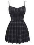 Scene Plaid Pleated Mini Dress with Front Zipper and Chain Detail