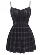 Scene Plaid Pleated Mini Dress with Front Zipper and Chain Detail