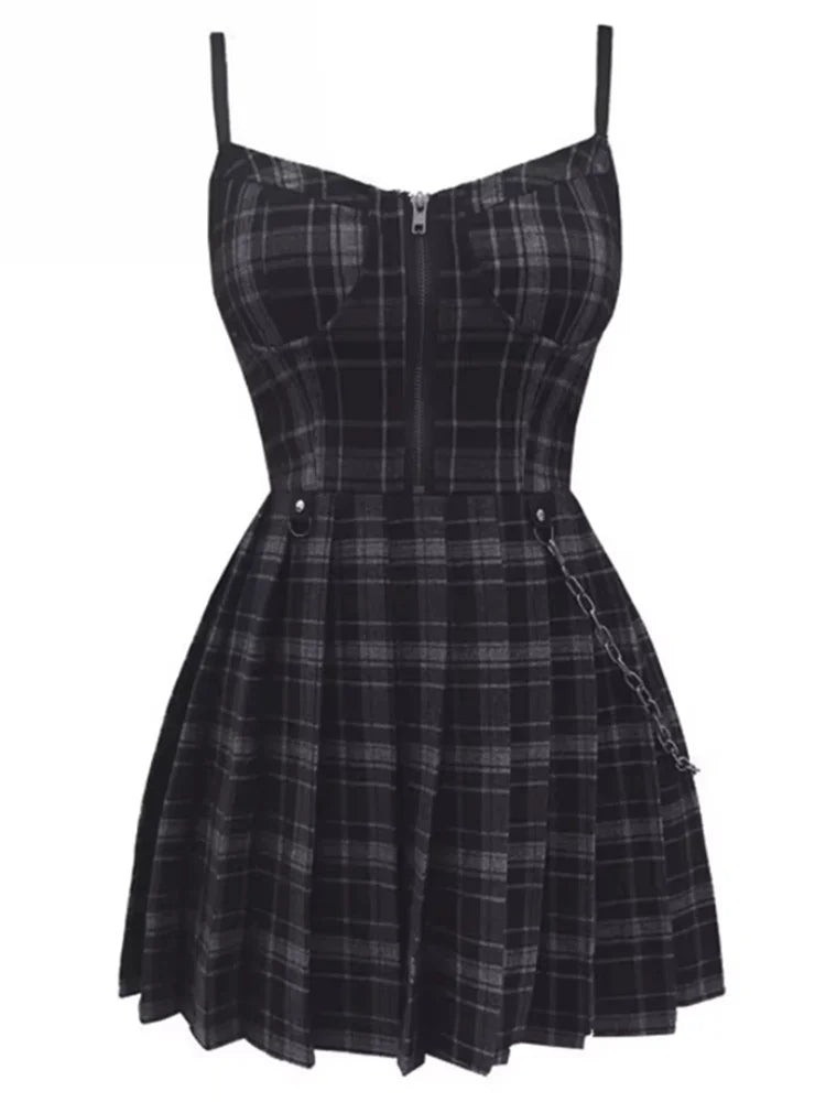 Scene Plaid Pleated Mini Dress with Front Zipper and Chain Detail
