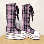 Scene Pink & Black Plaid Platform Knee-High Lace-Up Boots