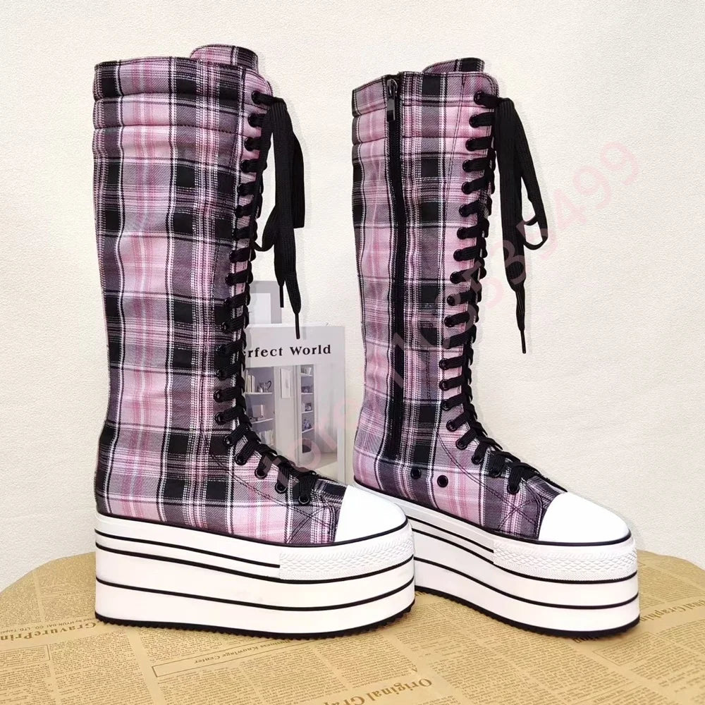 Scene Pink & Black Plaid Platform Knee-High Lace-Up Boots