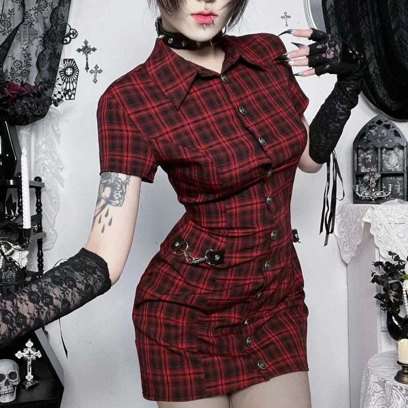 Scene Women's Red Plaid Gothic Mini Dress with Chain Details
