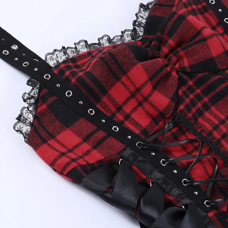 Women's Scene Red and Black Plaid Lace-Up Mini Dress