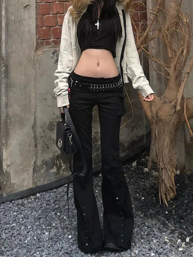 Scene Women's Black Low-Rise Flare Jeans with Cargo Pockets