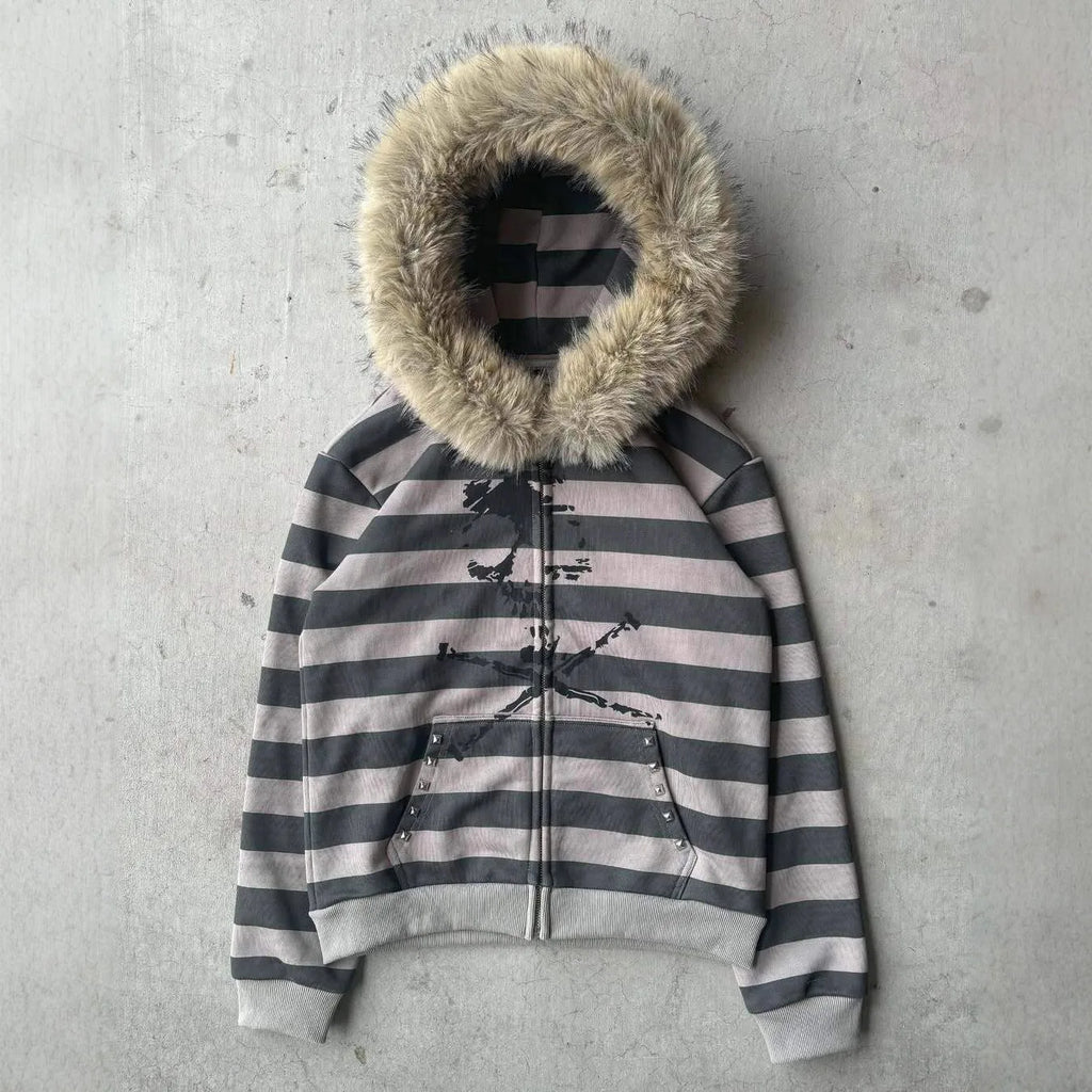 Scene Women's Gray Striped Zip Hoodie with Fur-Trimmed Hood