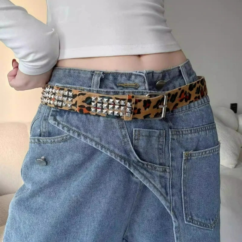 Scene Pink Leopard-Print Pyramid Stud PU Belt