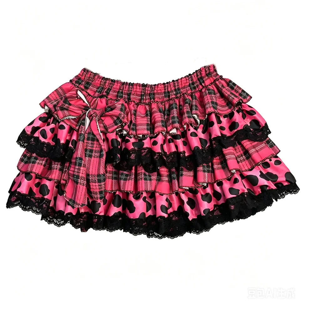 Scene Pink Plaid & Leopard Print Ruffle Mini Skirt with Lace Trim