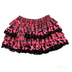 Scene Pink Plaid & Leopard Print Ruffle Mini Skirt with Lace Trim