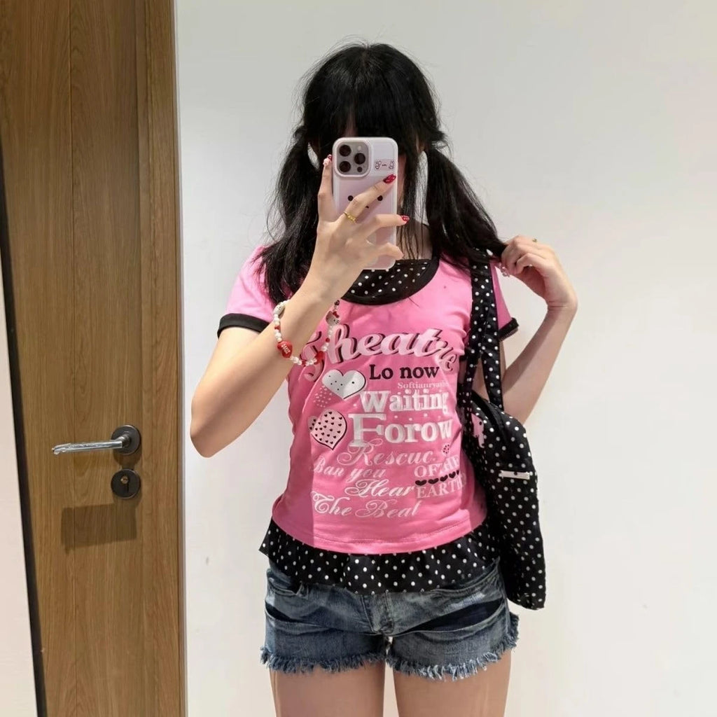 Scene Pink Graphic Short-Sleeve T-Shirt with Polka-Dot Hem