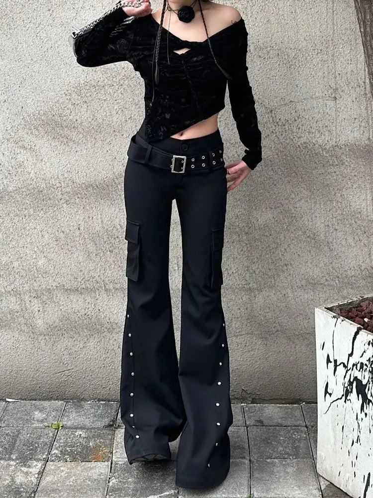 Scene Black Low-Waisted Flared Pants with Rivet Details