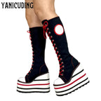 Scene Skeleton Embroidered Canvas Knee-High Wedge Platform Boots – Black with Red Laces