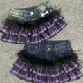 Scene Y2K Purple Plaid Patchwork Denim Mini Skirt with Ruffles and Butterfly Belt