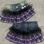 Scene Y2K Purple Plaid Patchwork Denim Mini Skirt with Ruffles and Butterfly Belt