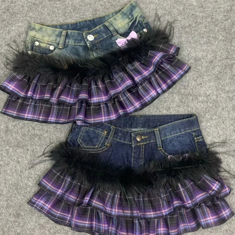 Scene Y2K Purple Plaid Patchwork Denim Mini Skirt with Ruffles and Butterfly Belt