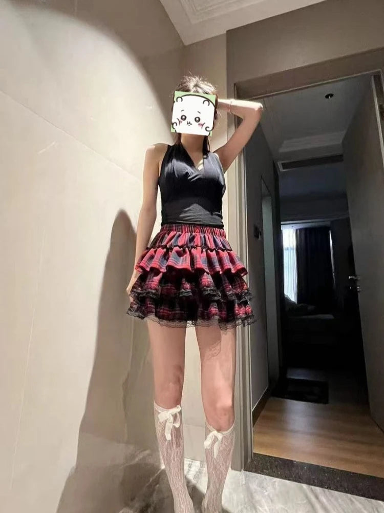 Scene Red Plaid Lace-Trim Ruffle Mini Skirt