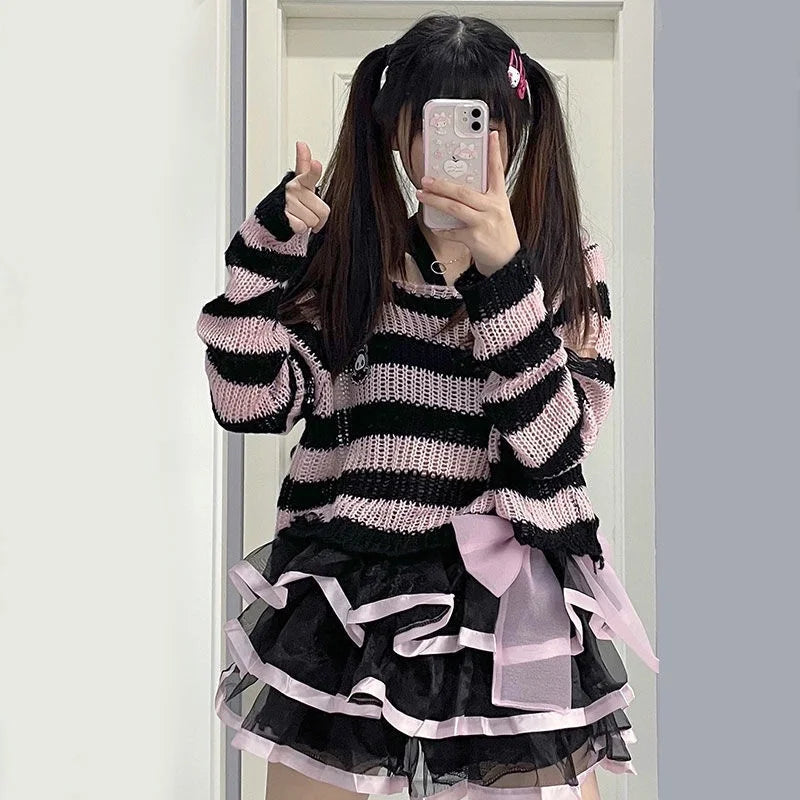 Scene Striped Distressed Knit Pullover Sweater