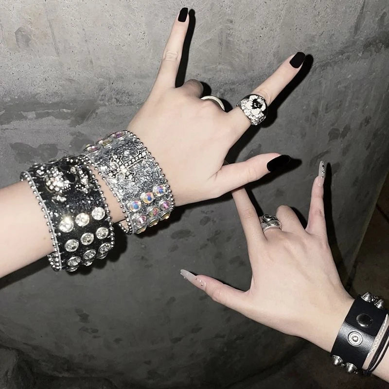 Scene Gothic Leather Crystal Cross Cuff Bracelet