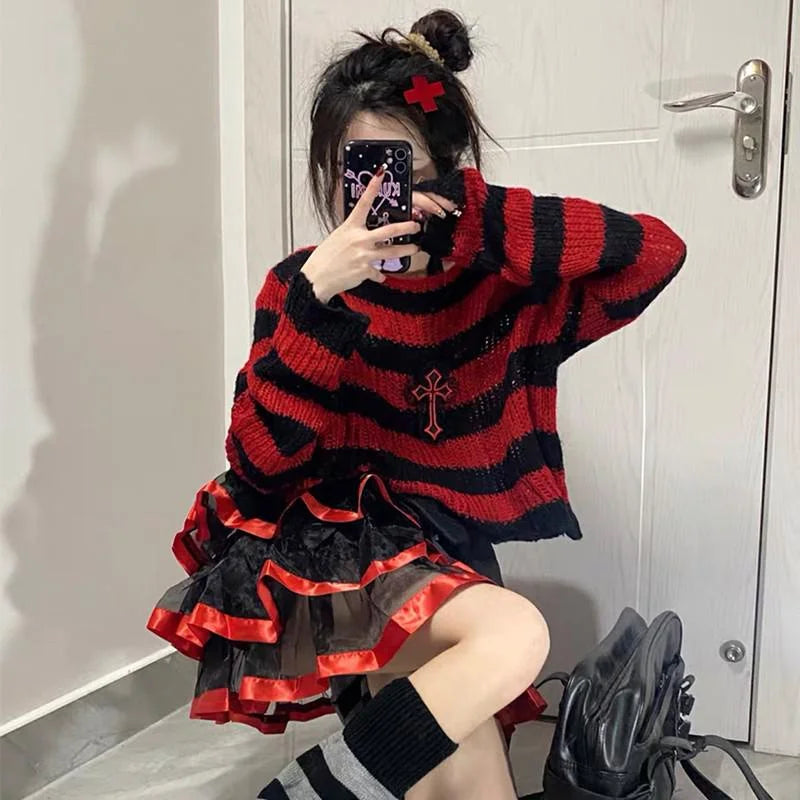 Scene Striped Distressed Knit Pullover Sweater