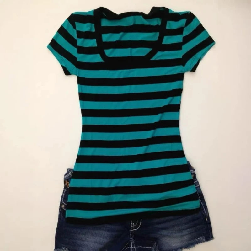 Scene Women's Striped Slim-Fit Short-Sleeve T-Shirt with Square Neckline
