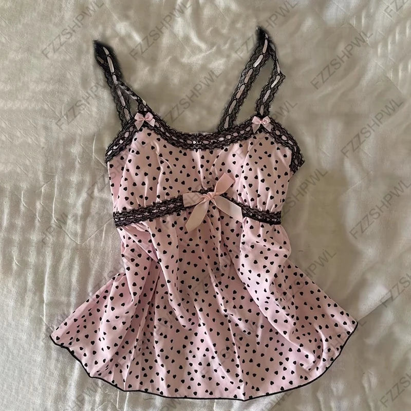 Scene Pink Heart-Print Lace-Trim Camisole Tank Top