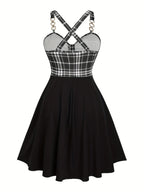 Scene Plus-Size Plaid Crisscross-Strap Mini Dress with Buckle Details