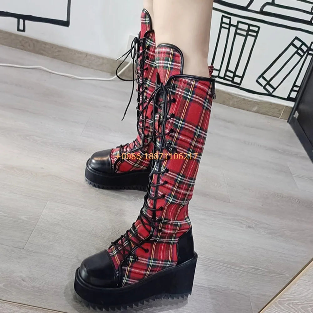 Scene Red Plaid Knee-High Lace-Up Platform Boots