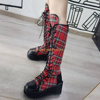Scene Red Plaid Knee-High Lace-Up Platform Boots