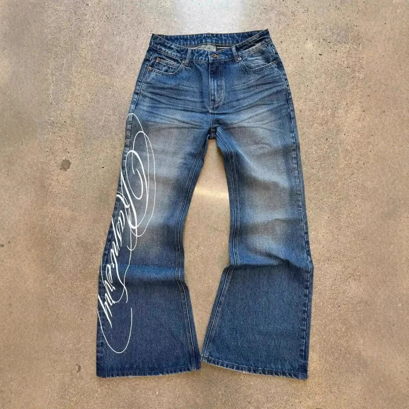 Scene Blue Letter Graphic Wide-Leg Jeans