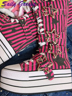 Scene Rose Red Striped Knee-High Platform Boots with Star Buckle Straps