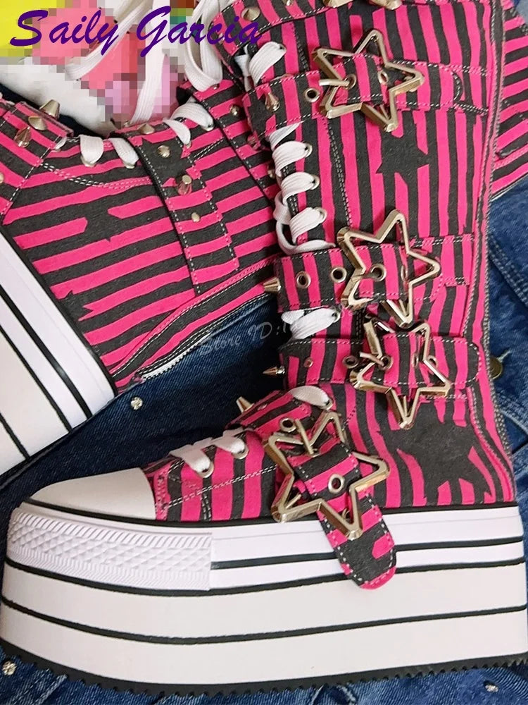 Scene Rose Red Striped Knee-High Platform Boots with Star Buckle Straps