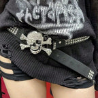 Scene Black Studded Rhinestone Skull Buckle Belt, 105cm