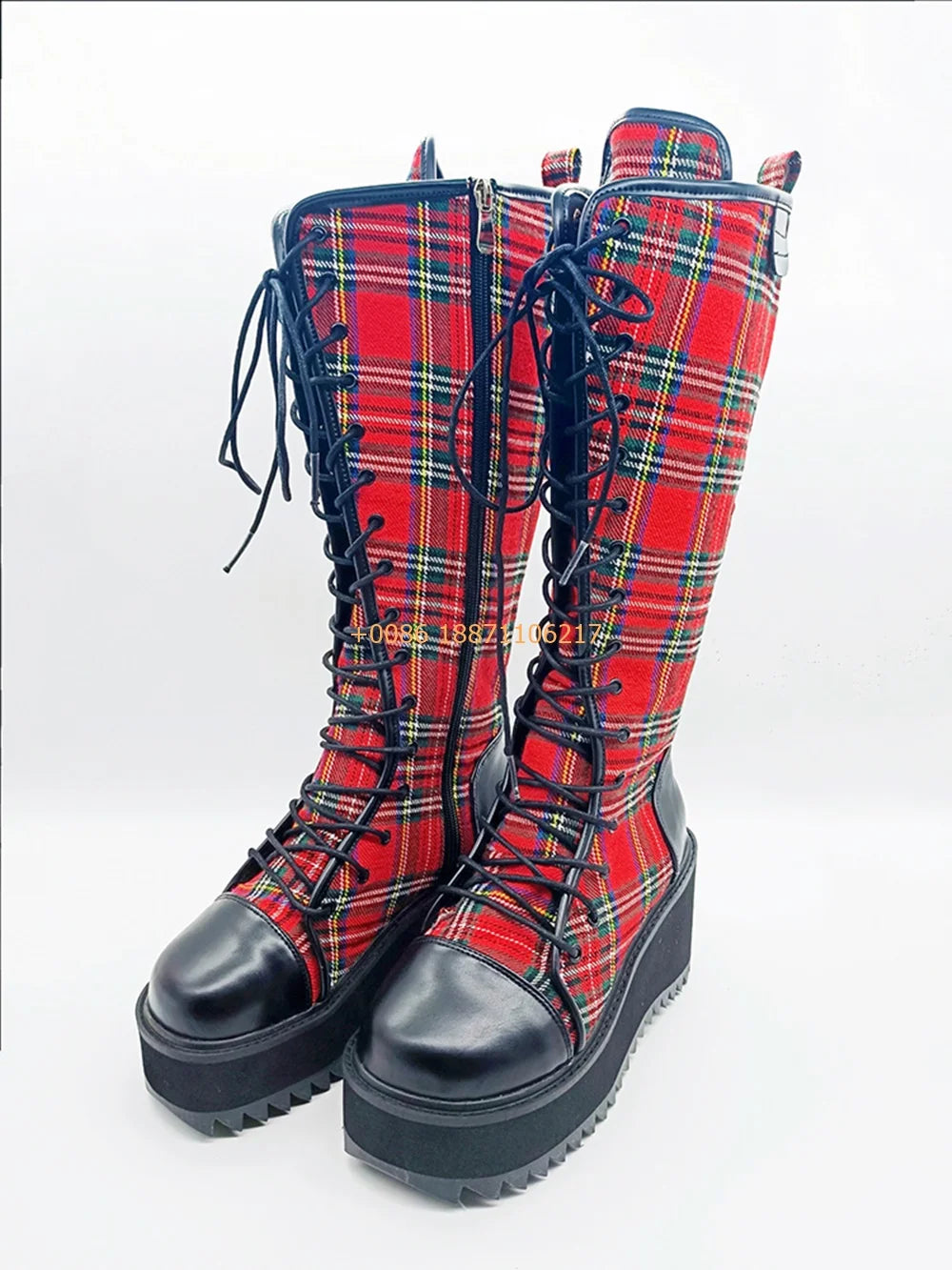 Scene Red Plaid Knee-High Lace-Up Platform Boots