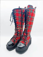 Scene Red Plaid Knee-High Lace-Up Platform Boots
