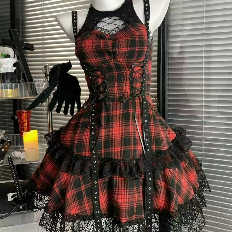 Scene Gothic Plaid Lace-Trim Mini Dress