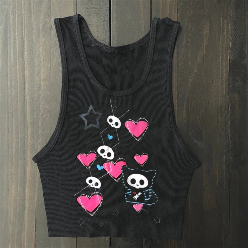 Scene Women's Black Skull and Heart Graphic Top
