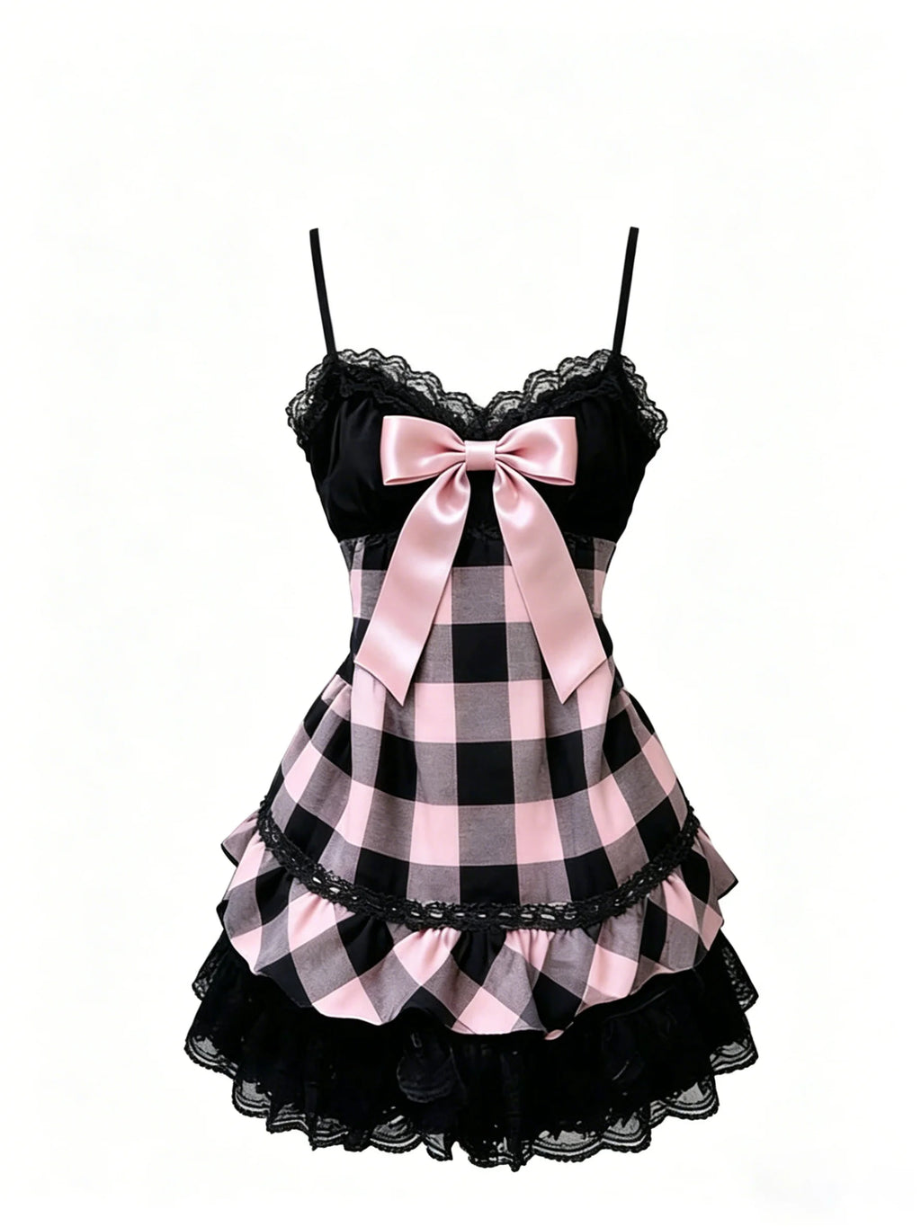 Scene Pink and Black Plaid Bow-Detail Lace-Trim Mini Dress